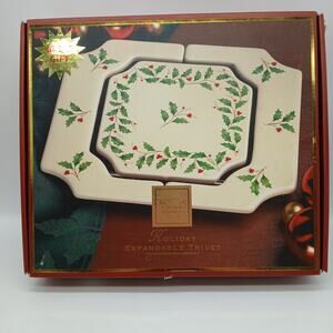 Lenox Holiday 10" - 12" Expandable Trivet Porcelain Christmas Holly Berry Decor